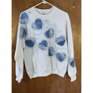 Vintage‎ Floral Blue Hearts Sparkle Crewneck Sweater Jerzees Women’s Large USA